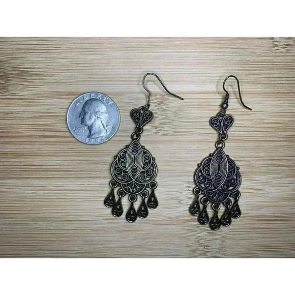 Dangle Filigree Earrings | PIERCED | Chandelier Heart Earrings | - Picture 7 of 8